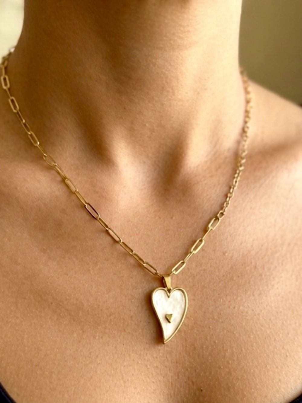 Gold-Tone Heart Pendant Necklace with Mother-of-Pearl Inlay